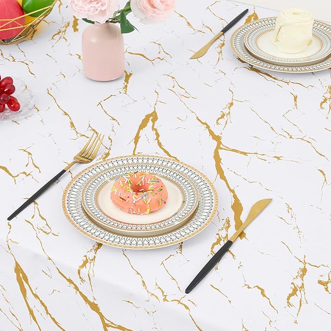 misaya Rectangle Waterproof Vinyl Table Cloth, Wipeable Tablecloth with Flannel Backing, Plastic Table Cover for Dinner, Picnic, Indoor and Outdoor (White Gold Marble, 60" x 102")