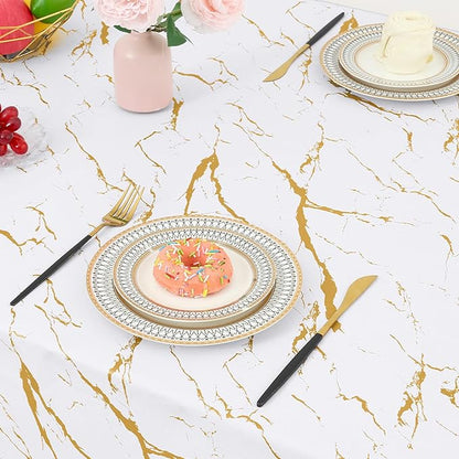 misaya Rectangle Waterproof Vinyl Table Cloth, Wipeable Tablecloth with Flannel Backing, Plastic Table Cover for Dinner, Picnic, Indoor and Outdoor (White Gold Marble, 54" x 78")