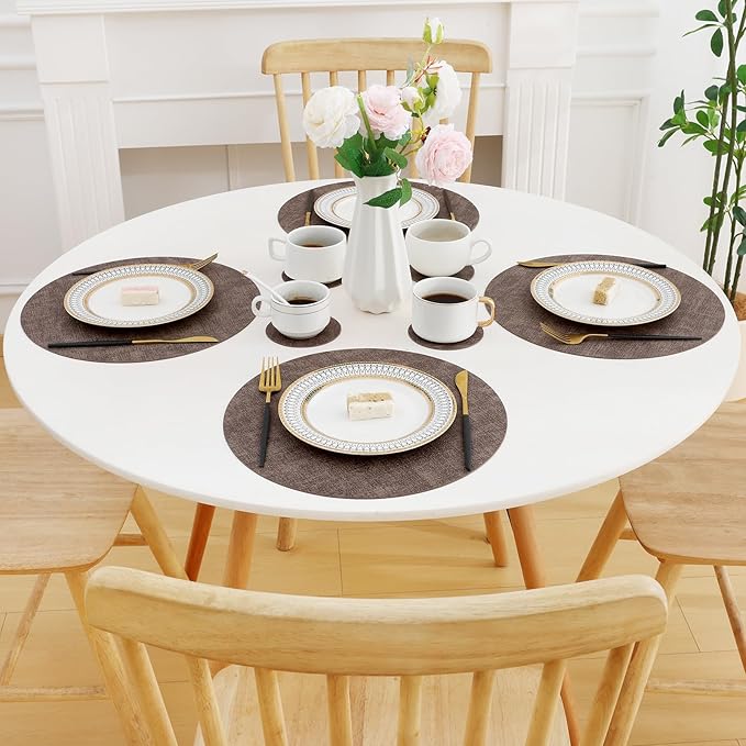 Homaxy Round Faux Leather Placemats and Coasters, Washable Dual-Side Table Mats, Wipeable Heat-Resistant Dining Place Mats for Outdoor and Indoor, Set of 8, Diameter 13 and 3.93 inch, Dark Brown