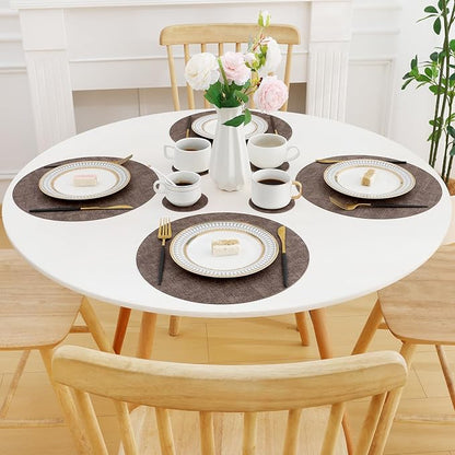 Homaxy Round Faux Leather Placemats and Coasters, Washable Dual-Side Table Mats, Wipeable Heat-Resistant Dining Place Mats for Outdoor and Indoor, Set of 6, Diameter 13 and 3.93 inch, Dark Brown
