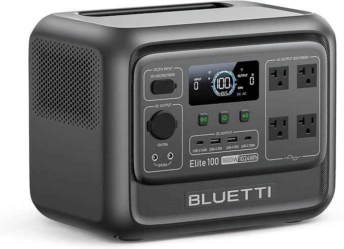 BLUETTI Elite 100 V2 (2025 New) Solar Generator, 1024Wh LFP Battery Backup w/ 4 1800W AC Outlets (3600W Surge), 35% Smaller, Portable Power for Camping, Outages, and UPS Backup (Solar Panel Optional)