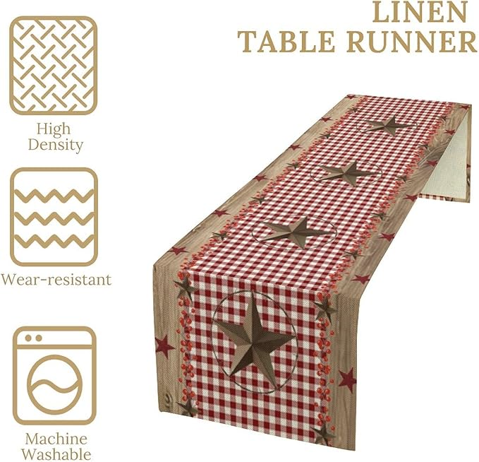 Farmhouse Western Table Runner,Rustic Country Barn Red White Buffalo Plaid Texas Star Berries Print Table Decoration for Kitchen Dining Table Wedding Home Party 13x36in