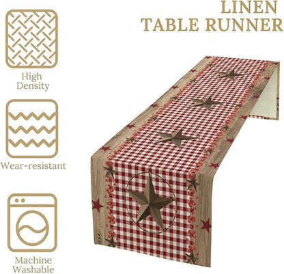 Farmhouse Western Table Runner,Rustic Country Barn Red White Buffalo Plaid Texas Star Berries Print Table Decoration for Kitchen Dining Table Wedding Home Party 13x70in