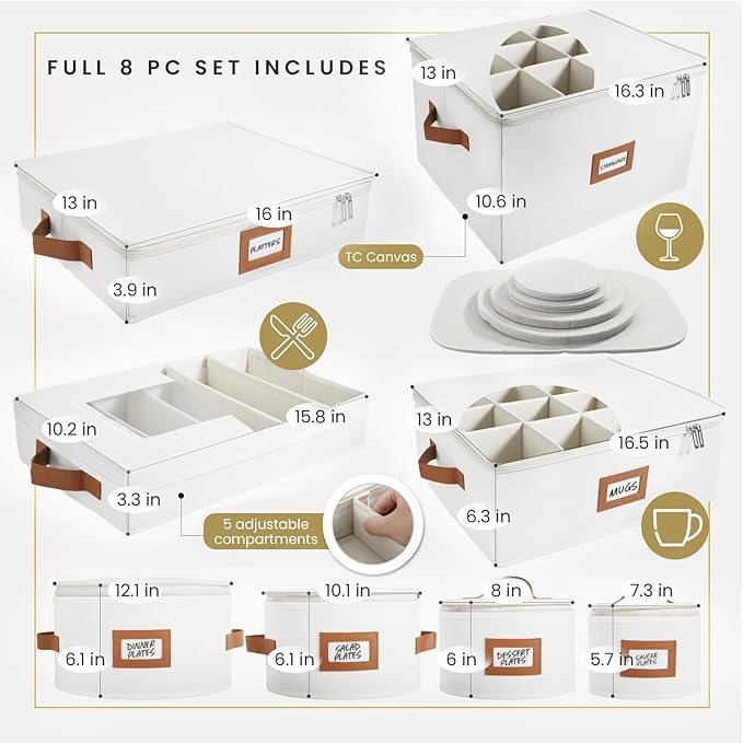 HOMELUX THEORY Plate Storage Box, 4pc Ivory Hard Shell China Storage Containers with 48 Felt Pads, Kitchen Storage Bins With Lids, Moving Box with Handles for Dishes, Dinner Plate & Platter