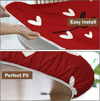 Valentines Day Round Fitted Tablecloth with Elastic Red White Love Heart Circle Table Cloth for 44-48" Round Tables Stretch Waterproof Washable Valentine Table Cover for Picnic Dining Party Decor
