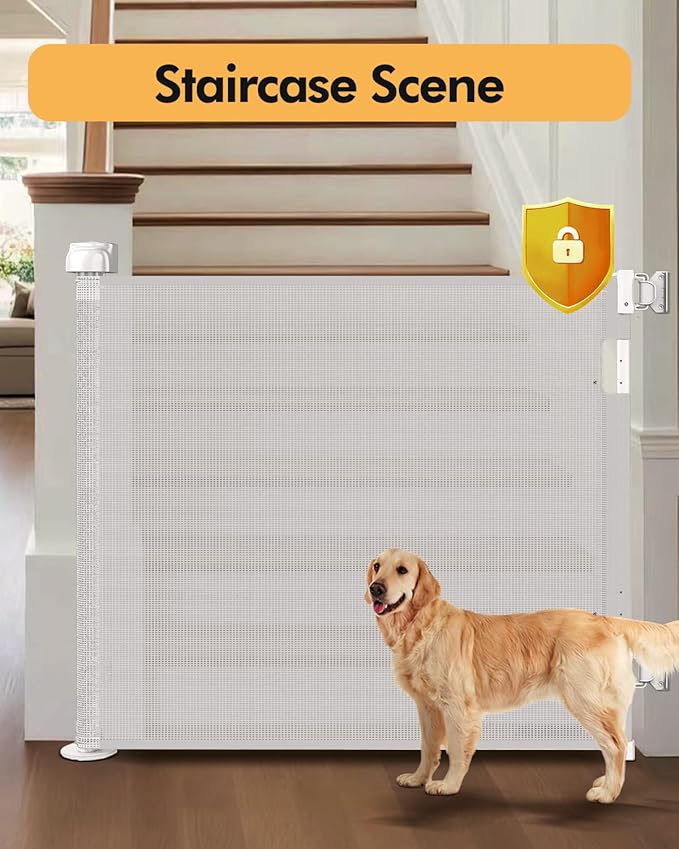 Retractable Baby Gate for Stairs & Doorways, 55" Wide x 33.6" Tall Easy Installation Mesh Dog Gate for Indoor & Outdoor Use,Pet and Dog Safety Gate for Hallways(White)