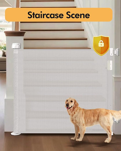 Retractable Baby Gate for Stairs & Doorways, 55" Wide x 33.6" Tall Easy Installation Mesh Dog Gate for Indoor & Outdoor Use,Pet and Dog Safety Gate for Hallways(White)