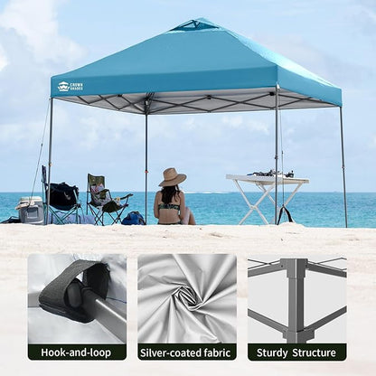 CROWN SHADES Adjustable Height on The Fly, 10x10 Pop Up Canopy - Beach Tent with One Push Setup - Easy Outdoor Sun Shade for Events, Parties, Camping - Outside Shade with STO-N-Go Bag, Cyan Blue
