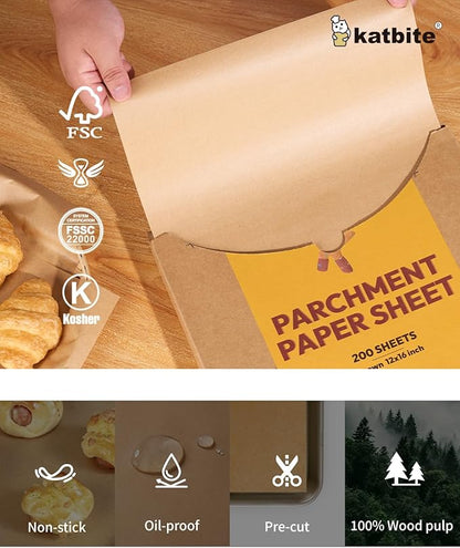 Katbite 200Pcs 12x16 In Unbleached Parchment Paper for Baking, Precut Parchment Paper Sheets, Heavy Duty Flat Baking Paper, Half Sheet Baking Sheets for Baking Cookies, Cooking, Air Fryer, Oven
