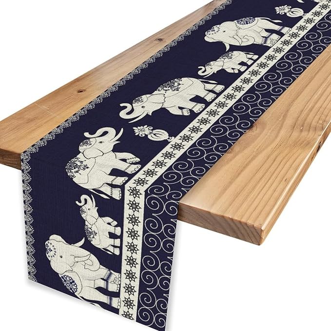 Boho Elephant Table Runner, Rustic African Tribal Traditional Diwali India Ethnic Folk Rustic Blue Coffee Table Center Decor for Home Kitchen Dining Holiday Party Outdoor Table Decorations, 13"x72"