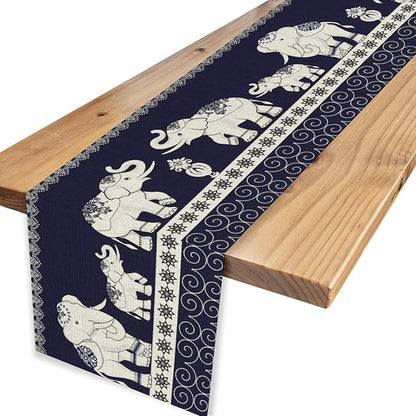 Boho Elephant Table Runner, Rustic African Tribal Traditional Diwali India Ethnic Folk Rustic Blue Coffee Table Center Decor for Home Kitchen Dining Holiday Party Outdoor Table Decorations, 13"x108"