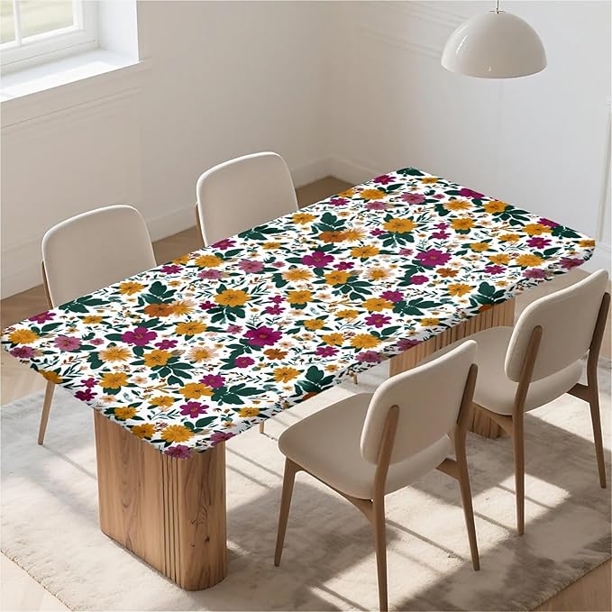 Rectangle Table Cloth Cover Waterproof Elastic Fitted Polyester Fitted Tablecloths for 8 Foot Tables for Indoor,Picnic, Camping, Outdoor （96" x 30"，Floral Print）