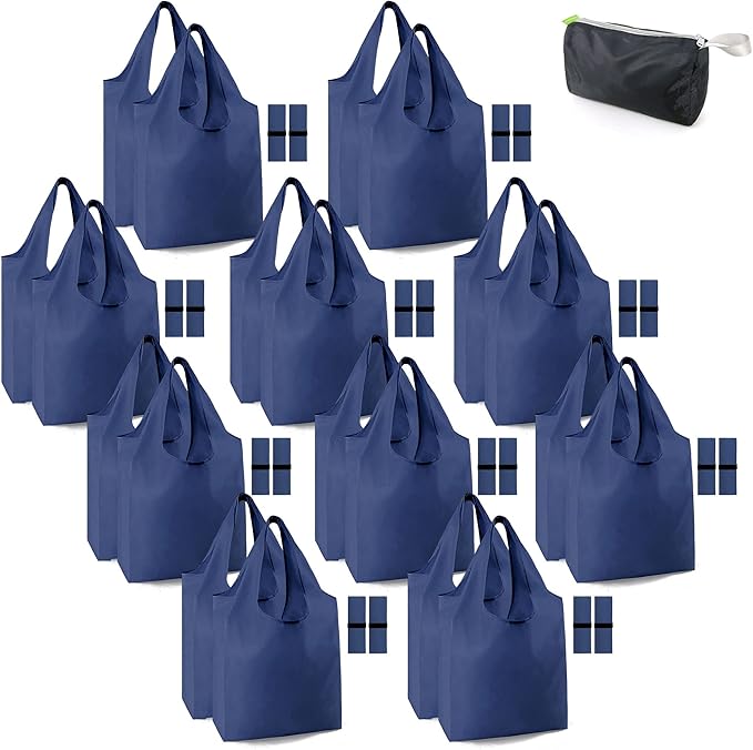 BeeGreen 20 Pack Navy Blue Reusable Grocery Bags with Storage Pouch Wholesale Reusable Shopping Bags Bulk w Elastic Band 50LBS X-Large Foldable Tote Bags Machine Washable-Heavy Duty Cloth Bags