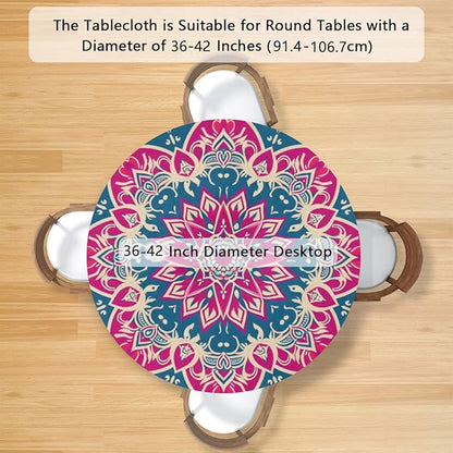 Beautiful Flower Mandala Round Table Cloth Cover, Elastic Edge Waterproof Wipeable Tablecloths 36"-42" Polyester Tablecloth for Party Restaurant Banquet Holiday Camping Outdoor Picnic