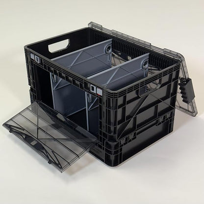 SIDIO Full-Size Collapsible Crate - Heavy Duty Stackable Storage Bin with Lid & 2 Short-Ways Dividers, Durable Plastic Organizer for Home, Office, Garage & Outdoor Use (Smoke)