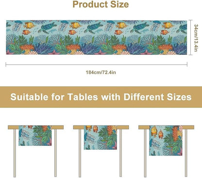 Coastal Table Runner, Ocean Nautical Coral Starfish Seashell Sea Turtle Table Runner for Dining Table Kitchen Party Picnic Home 13x90in