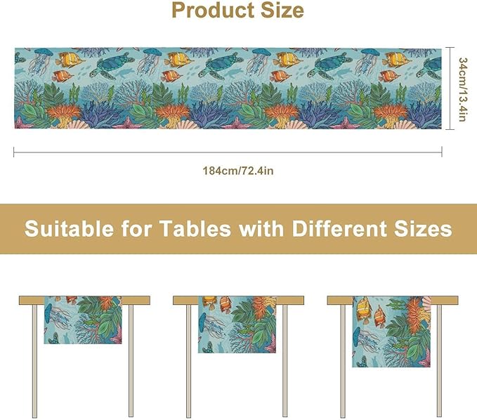Coastal Table Runner, Ocean Nautical Coral Starfish Seashell Sea Turtle Table Runner for Dining Table Kitchen Party Picnic Home 13x36in