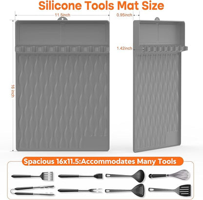Silicone Griddle Tools Mat with Drip Pad for Blackstone – Non-Slip Spatula Rest & Side-Shelf Mat for Outdoor Grill Kitchen Counter, Heat-Resistant Grill Pad, Blackstone Griddle Accessories-Gray2-Pack
