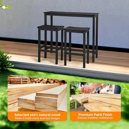 VINGLI 3-Piece Fir Wood Outdoor Bar Table and Chairs Set, Outdoor Bar Height Table with 2 Bar Stools Patio Bistro Set for Garden Balcony Backyard (Black)