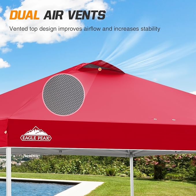 EAGLE PEAK Pop Up Canopy Tent with Wheeled Carry Bag, 8 Stakes, 4 Ropes, 4 Weight Bags, Easy Set Up Tent Canopy, 10x10 ft, 100sqft of Shade, Red