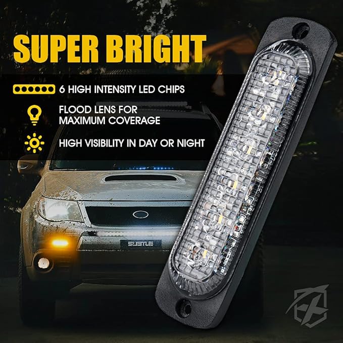 Xprite 8PCS LED Emergency Strobe Lights, Amber 12-LED Surface Mount Flashing Strobe Lights, Sync Feature Ultra Slim Grill Light for Off-Road Vehicles ATV SUV Trucks Cars