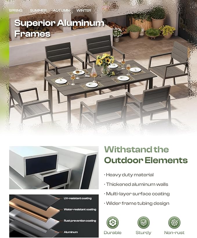 Patio Table and Chairs Set, 5 Piece Outdoor Dining Set with Umbrella Hole, HDPS + Aluminum Patio Furniture Set for Garden (Charcoal)