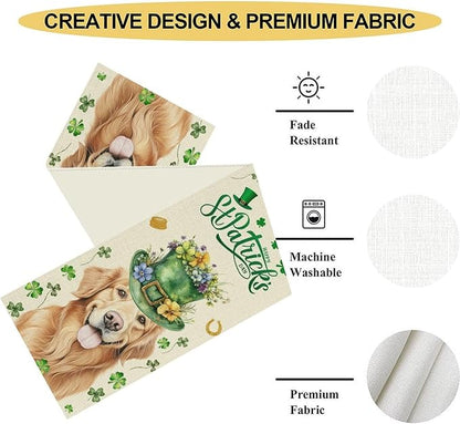 St.Patrick's Day Table Runner,Sharmrock Dog Hat Golden Retriever Beige Rustic Table Center Decor for Home Kitchen Dining Patio Holiday Party Indoor Table Decorations, 13"x108"