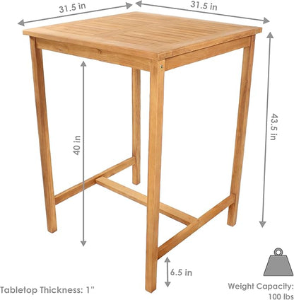Sunnydaze 2-Person Solid Teak Wood Square Patio Bar Table - for Indoor or Outdoor Use - 31" Square x 43.5" H