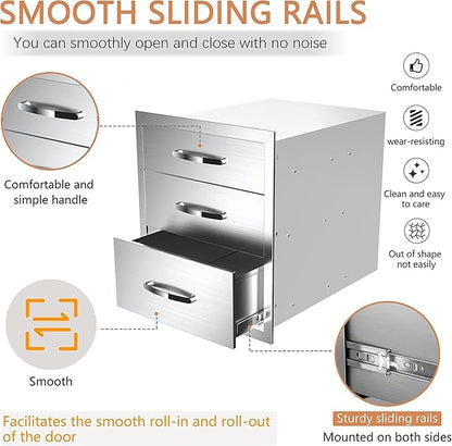 Outdoor Kitchen Drawers, Box Frame Style Flush Mount BBQ Drawer w/Stainless Steel Handle, BBQ Island Drawers For Patio Grill Station,Three Drawers