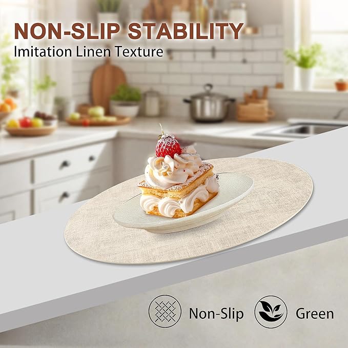 Round Faux Leather Placemats and Coasters, Set of 8, Reversible Heat Resistant Non-Slip Table Mats, Waterproof Wipeable Place Mats for Dining Table, Washable for Indoor & Outdoor (8, Beige)