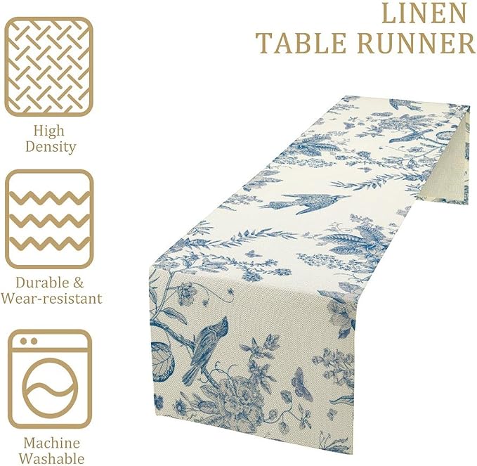 Spring Flower Table Runner, Farmhouse Vintage Blue White Floral Bird Print Table Runner for Kitchen Dining Table Party Wedding Decor, 13x120inch
