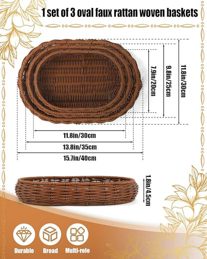 Woven Bread Basket, 3 Pack Wicker Fruit Baskets Rattan Bread Basket Poly Wicker Bread Baskets With Handles For Food Serving, Display, Vegetables, Home Kitchen, Restaurant, Outdoor (Oval set)