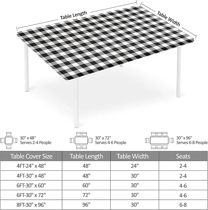 Rectangle Table Cloth Cover Waterproof Elastic Fitted Polyester Fitted Tablecloths for 6 Foot Tables for Indoor,Picnic, Camping, Outdoor （72" x 30"，Black Grid）