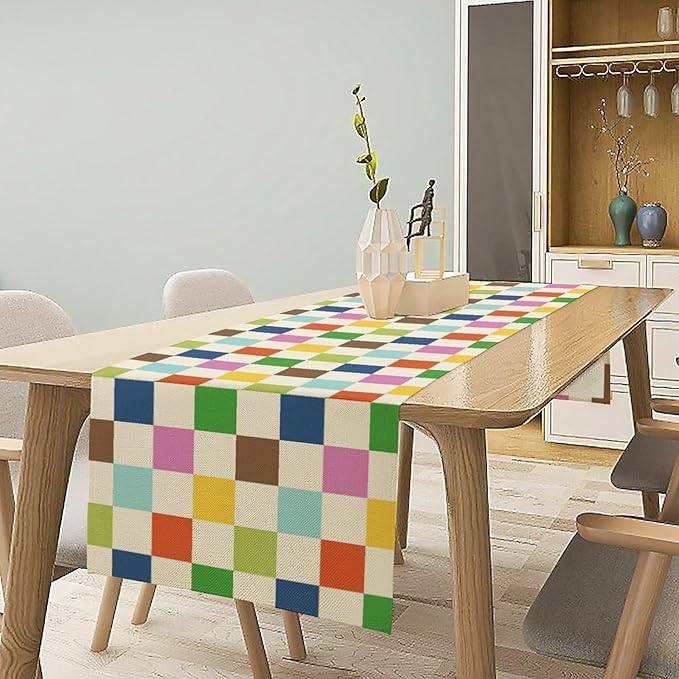 Colorful Checkered Table Runner, Vintage 60s 70s Cute Modern Geometric Table Runner for Party Kitchen Dining Home Outdoor Banquet 13x60in