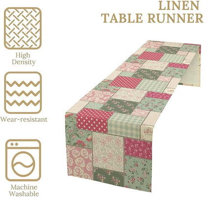 Patchwork Flowers Table Runner, Boho Plaid Floral Retro Romantic Rose Plants Table Runner for Dining Coffee Party Holiday Farmhouse 13x70in