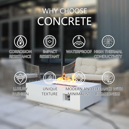 EXPLUX Outdoor Propane Gas Fire Pit Table 65,000 BTU 52-inch Concrete(GFRC) Rectangle Fire Pit for Outside Patio with 304 Stainless Steel Burner,Wind Guard,Crystal Blue Fire Glass,Rain Cover,White