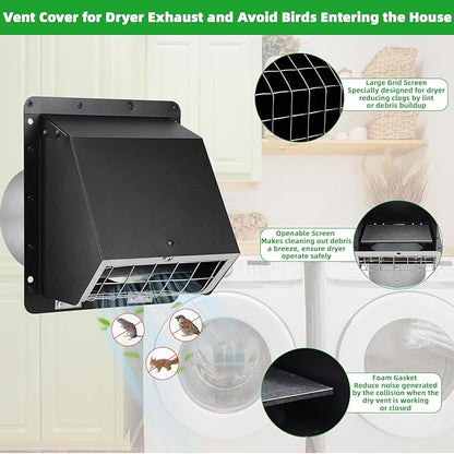 5" Dryer Vent Cover,Outside Dryer Vent Cover for Exterior Wall Vent Hood,Exhaust Vent Cover for Dryer Vents Kitchen Range Hood Vent AC Vent Duct House Air Exhaust,Dryer Vent Kit Through Wall,Black