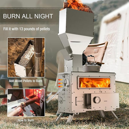 Wood Burning Stove with Oven - Portable Pellet Stove with Chimney Pipes, 304 Stainless Steel Outdoor Hot Tent Camping Stove for Winter, Hunting, Cooking, Hiking,Compatible with Wood/Pellets