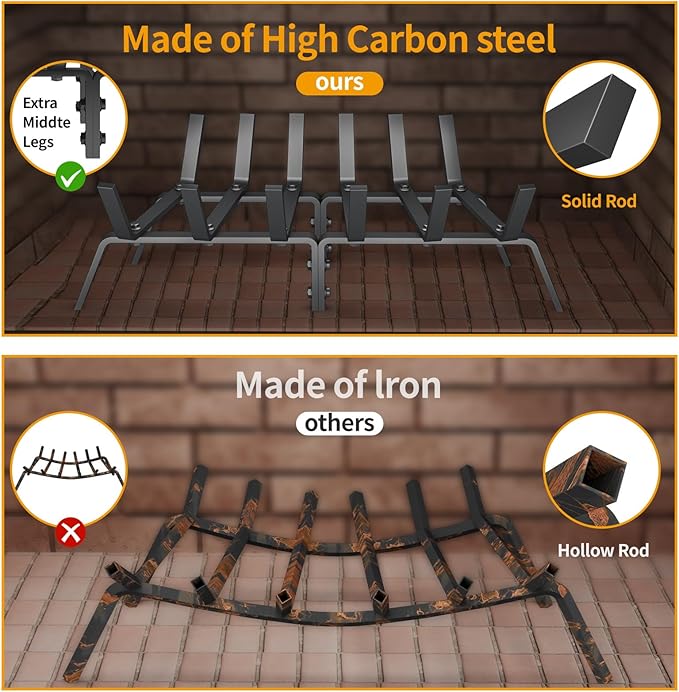 Fireplace Grate, 24 inch Solid Fireplace Log Holder, Heavy Duty Cast Iron Firewood Log Burning Rack Fire Grates for Inside Fireplace Accessories