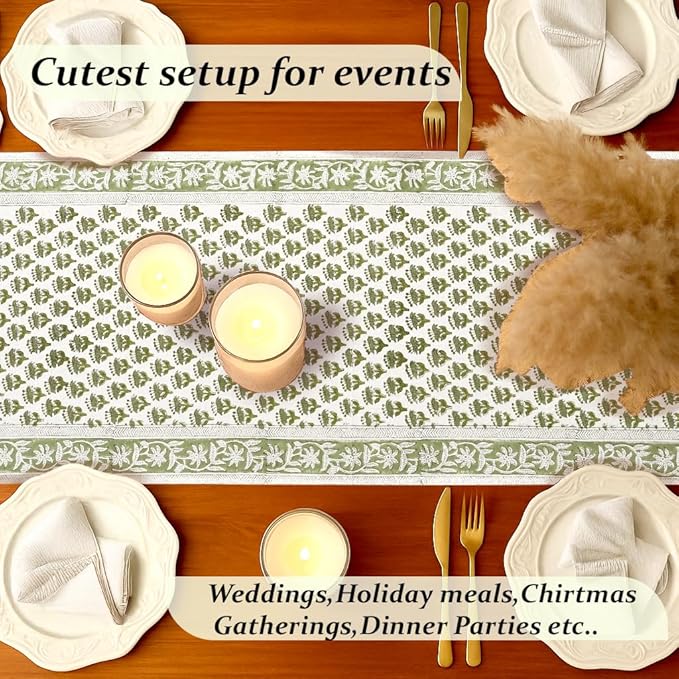CPC Cotton Table Runner 16x106 inch Block Printed Long Fall Table Runner for Dining Table, Card Table, Coffee Table, Wedding, Farmhouse & Outdoor Barbeque-Emerald Green