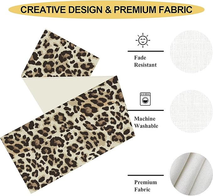 Leopard Print Table Runner, Animal Fur Print Western Style Table Runner Country Farmhouse Cottage Cow Pattern Linen Table Decoration for Home Kitchen Dining 13x108