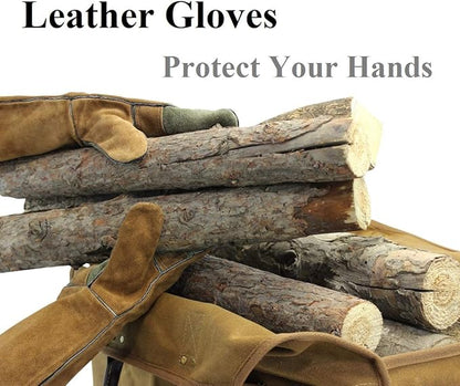 INNO STAGE Firewood Log Carrier Bag Waxed Canvas Tote Holder with Fireplace Pure Leather Gloves for Hay Hauling Outdoor Camping, BBQ Barbecue