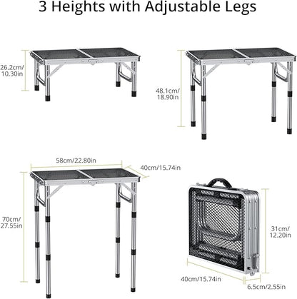 Anbte 2ft Folding Grill Table, Adjustable Height Max 27.5" Aluminum Camping Table, Heat-Resistant Tabletop, Lightweight, Portable Handle for Travel Cooking BBQ Picnic, 22.8" x 16", Silver