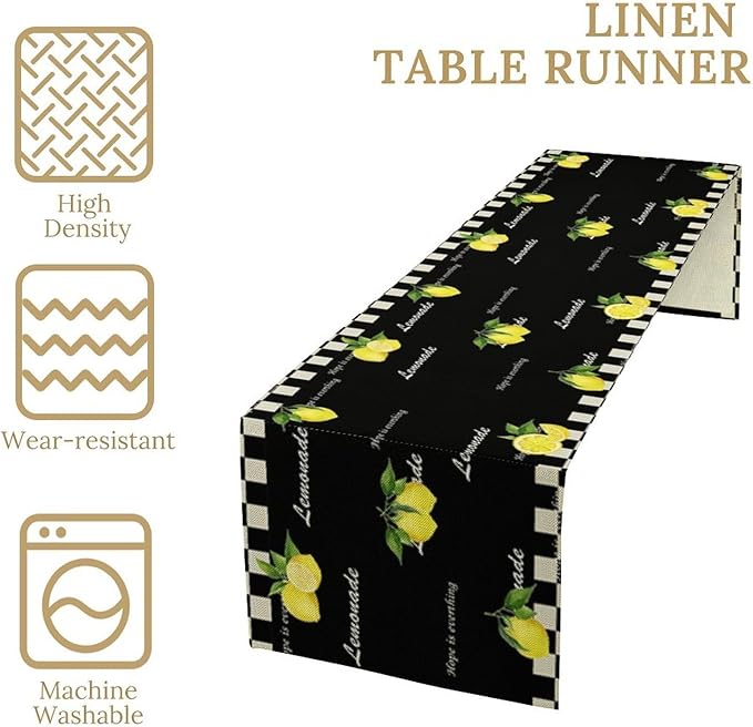 Lemon Table Runner,White Black Buffalo Plaid Watercolor Summer Fruit Print Table Runner for Kitchen Dining Table Indoor Outdoor Home Party Decor 13x70in