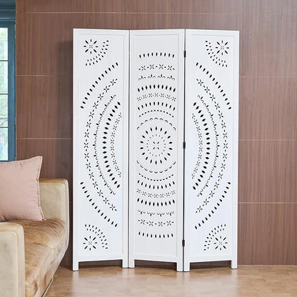 66.9Inch Folding Room Divider, 3 Panels Wood Carved Privacy Screens, Free Assembled Freestanding Partition for Home Office Restaurant Bedroom (White-Washed)