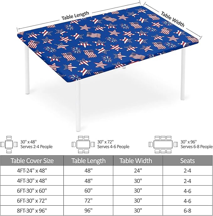 Rectangle Table Cloth Cover Waterproof Elastic Fitted Polyester Fitted Tablecloths for 8 Foot Tables for Indoor,Picnic, Camping, Outdoor （96" x 30"，American Flag）