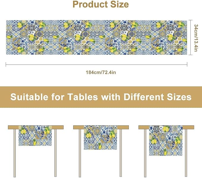Farmhouse Rustic Lemon Table Runner,Vintage Morocco Blue Tiles Mediterranean Summer Fruit Print Table Runner for Kitchen Dining Table Home Party Decor 13x70in