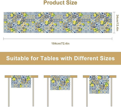 Farmhouse Rustic Lemon Table Runner,Vintage Morocco Blue Tiles Mediterranean Summer Fruit Print Table Runner for Kitchen Dining Table Home Party Decor 13x70in