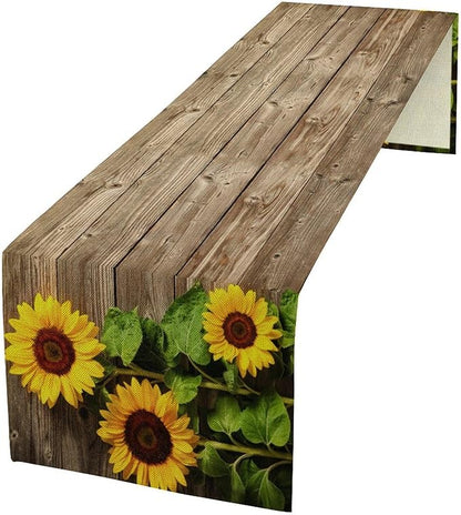 Sunflower Floral Table Runner, Country Farmhouse Vintage Spring Flower Rustic Wooden Plank Kitchen Dining Table Decoration for Indoor Outdoor Home Party Decor, 13x60inch