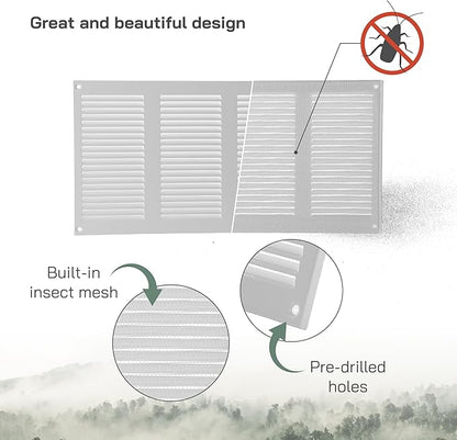 Vent Systems 16'' x 8'' Inch (Overall Dimensions) White Metal Air Vent Cover - Louvered Rectangular Return Grill with Built-in Protective Mesh Screen - HVAC Ventilation Grille for Home Improvement